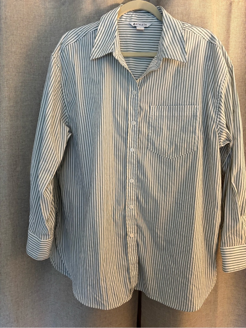Athleta Midday Tunic Button Down Shirt, Green Stripe, Large